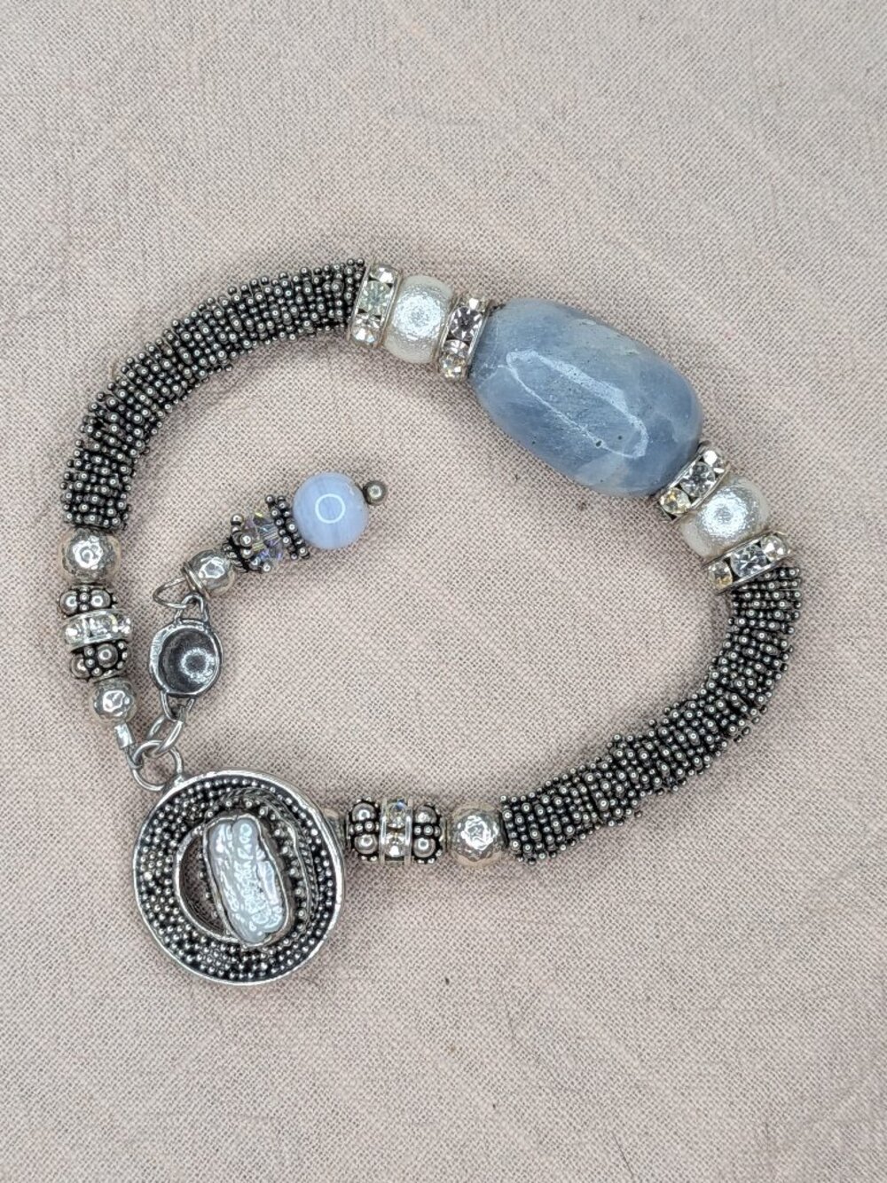 925 Sterling Silver Blue Gemstone Beaded Charm Bracelet Boho Artisan 7"